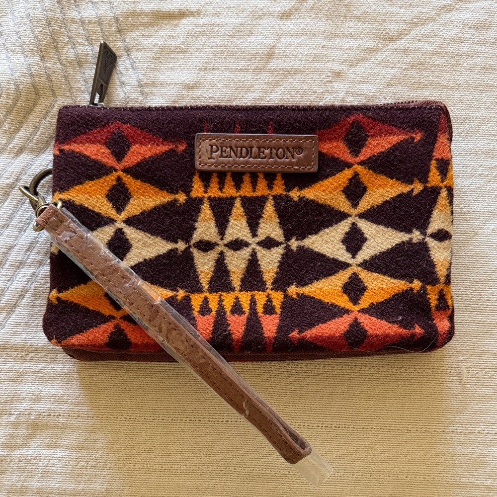 Pendleton Wool Geometric Wristlet in Brown, Mustard & Orange